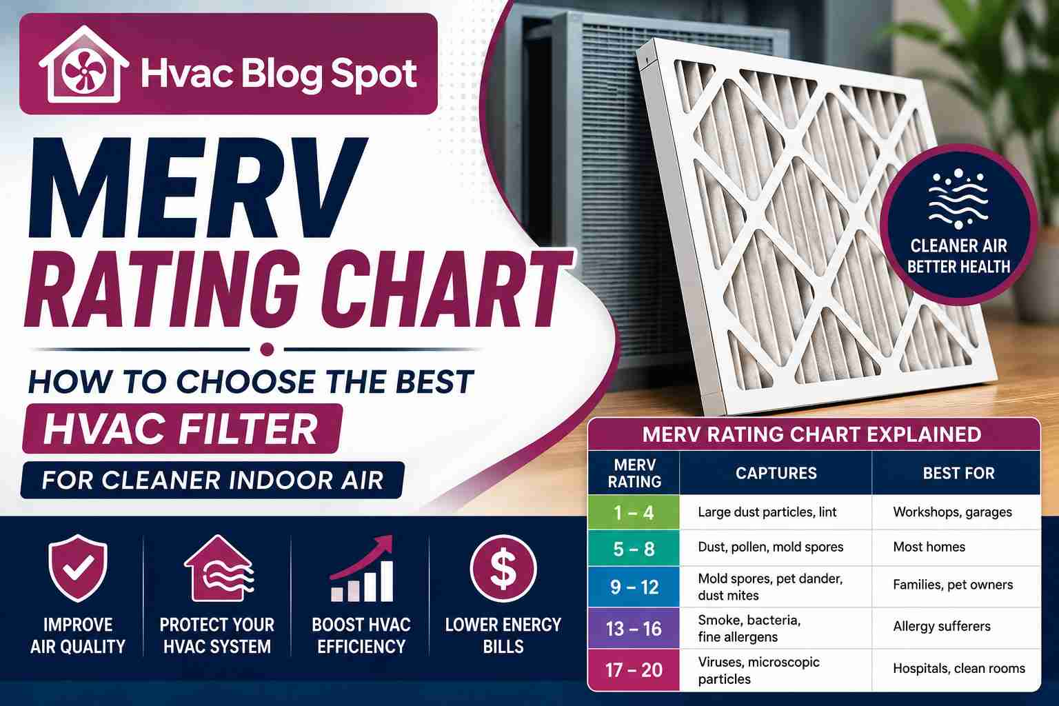 MERV Rating Chart featured image with HVAC Blog Spot logo for choosing the best HVAC filter